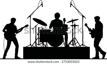 Rock band performing live with drummer and guitarists on stage, music concert performance, band rehearsal and live entertainment vector silhouette illustration
