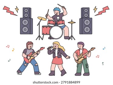 Rock band performing live on stage with singer, guitarists, drummer, and speakers in a flat vector style.