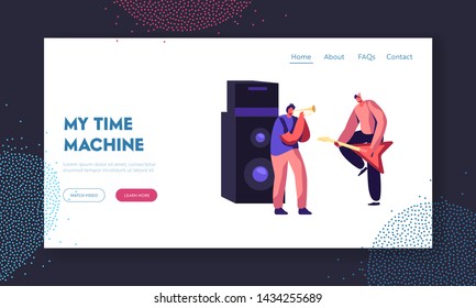 Rock Band Performing Musical Concert on Stage. Electric Guitarist and Trumpeter near Huge Dynamic, Artists Playing Music Show Website Landing Page, Web Page. Cartoon Flat Vector Illustration, Banner