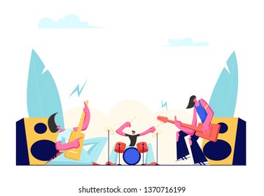 Rock Band Performing on Stage. Electric Guitarists and Drummer Music Concert. Male Artists Playing an Guitar and Drums. Men in Rocking Outfit with Musical Instruments. Cartoon Flat Vector Illustration