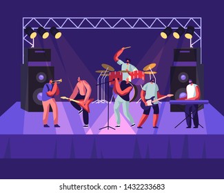 Rock Band Performing on Stage. Electric Guitarists, Drummer, Singer, Trumpeter Music Concert. Men Artists in Rocking Outfit Playing with Musical Instruments, Show. Cartoon Flat Vector Illustration