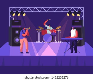 Rock Band Performing on Stage, Drummer, Trumpeter and Man Playing Electric Piano Synthesizer, Music Concert. Men Artists Playing Musical Instruments, Night Club Show Cartoon Flat Vector Illustration