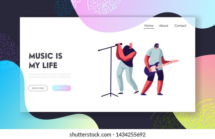 Rock Band Performing on Stage. Electric Guitarist and Singer Giving Music Concert. Men Artists in Rocking Outfit, Music Show. Website Landing Page, Web Page. Cartoon Flat Vector Illustration, Banner