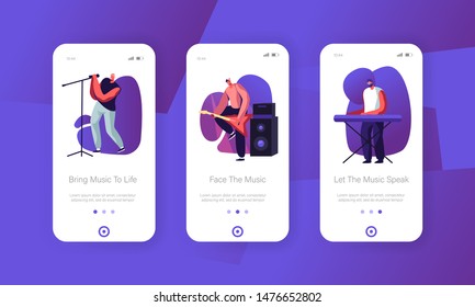 Rock Band, das auf der Stufe Mobile App Seite Onboard Screen Set. Men Artists, die Musikinstrumente Gitarre und Synthesizer spielen, Konzept für Website oder Webseite anzeigen, Cartoon-Flach-Vektorgrafik