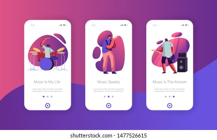 Juego de pantalla en pantalla de la página de la aplicación Rock Band Performance en Stage Mobile App. Artistas Hombres Tocando Instrumentos Musicales Guitarra, Trumpet, Tambores. Mostrar concepto para sitio web o página web, ilustración de vector plano de dibujos animados