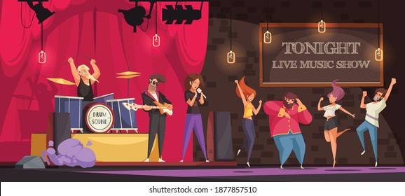 Rock band performing on stage and people dancing at live music show cartoon vector illustration