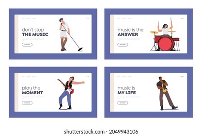 Rock Band Performing on Stage Landing Page Template Set. Electric and Acoustic Guitarist, Drummer, Singer, Saxophone Player Artists Playing with Musical Instruments, Show. Cartoon Vector Illustration