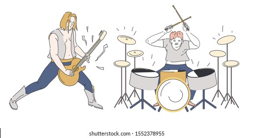 Rock band performing onstage during live concert. Guitarist holding electric bass guitar and drummer playing with drumsticks. Music performance, entertainment vector illustration on white background.