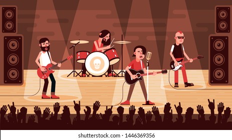 Rock band performs on stage in front of a crowd waving their hands. Vector flat illustration.