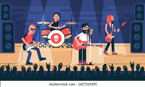 Rock band playing on stage. The musical ensemble performs a song at a concert. Vector flat illustration.