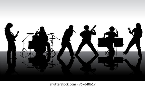 Rock band silhouette on stage. Vector illustration