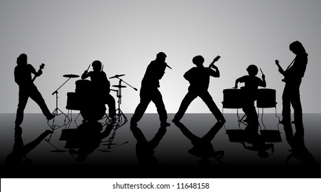 Rock band. Silhouettes of six musicians. Vector illustration.