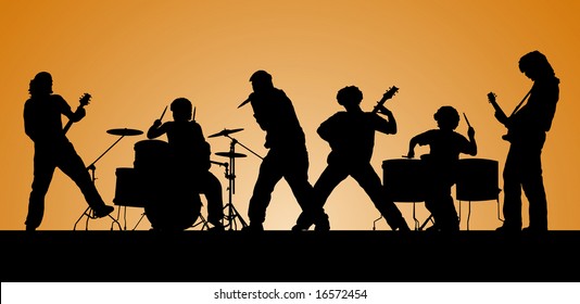 Rock band. Silhouettes of six musicians. Vector illustration.