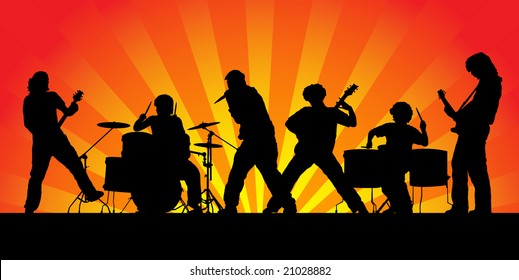 Rock band. Silhouettes of six musicians. Vector illustration.