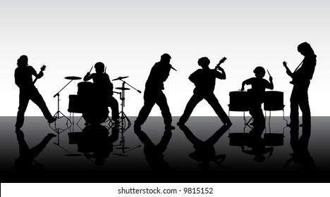 Rock band. Silhouettes of six musicians. Vector illustration.