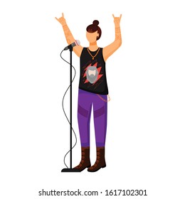 Rock band singer flat color vector illustration. Lead vocalist. Frontman. Musician. Music group member. Person with microphone. Concert, festival. Isolated cartoon character on white background