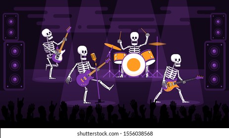 Rock band of skeletons with electric guitars and a drummer performs on stage. Halloween party concert. Vector illustration.