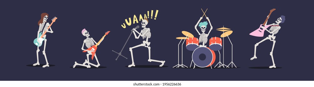 Rock band of skeletons singing, playing electric guitars and drums. Group of musicians for halloween party. Cartoon skulls musicians punk rock performers. Flat vector illustration