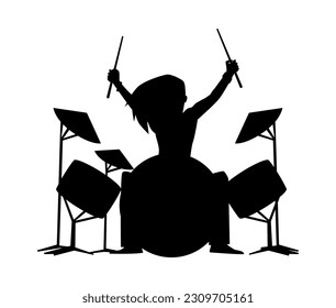 Rock band star drummer with long hair playing drums on stage, hands holding sticks and raised up. Musician percussionist pop, country, rock star or hiphop rapper artist. Vector black silhouette