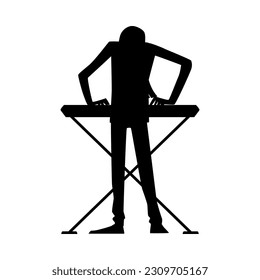 Rock band star plays the synthesizer, piano on stage. Musician pianist pop, country, rock star or hiphop rapper artist. Vector black silhouette Illustration in flat design style for music concept