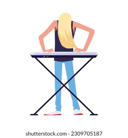 Rock band star plays the synthesizer, piano on stage. Musician pianist pop, country, rock star or hiphop rapper artist. Vector colorfull Illustration in flat cartoon style for music concept, isolated