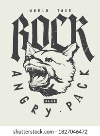 Rock band t-shirt print with angry barking dog. Vector illustration t-shirt print.
