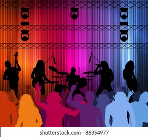 Rock band vector background with neon lights and people