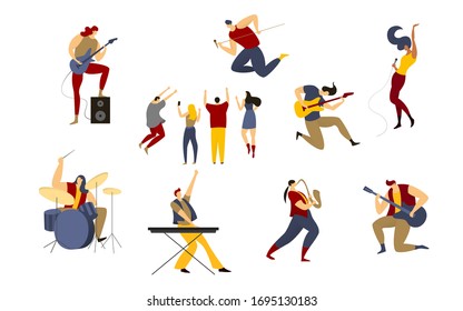 Rock band vector illustration. Cartoon rocker, man woman rockstar singer on stage of music live concert party, flat musician character with bass guitar or drums, people fan group set isolated on white