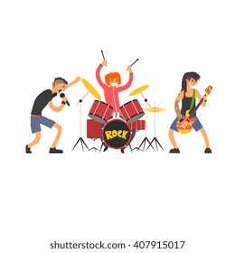 Rock Band Vector Illustration In Primitive Cartoon Childish Style Isolated On White Background