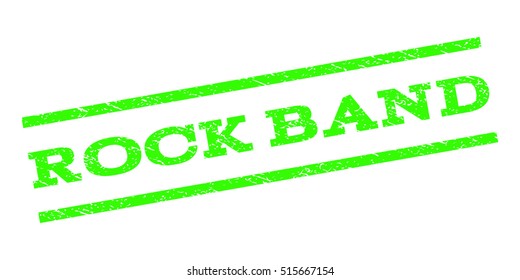 Rock Band watermark stamp. Text caption between parallel lines with grunge design style. Rubber seal stamp with dust texture. Vector light green color ink imprint on a white background.