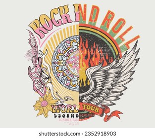 Logo de la gira mundial de la banda de rock. Diseño de la huella de vidrio manchado, motivos coloridos. Diseño Mandala. Diseño de camisetas rocosas y rollitas. Ala de águila con afiche musical de guitarra. Mosca de águila. Flor.