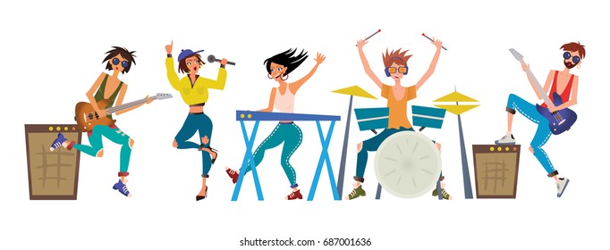 Rock band. Young men and women play musical instruments. Guitarists, keyboardist, drummer and singer. Vector illustration, isolated on white background.