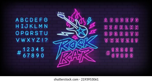 Rock Bar Neon Light sign with guitar and type font - editable vector template. Glowing street sign design for Rock music sign. Neon font. Rock n Roll Party in retro 80s - 90s style lettering