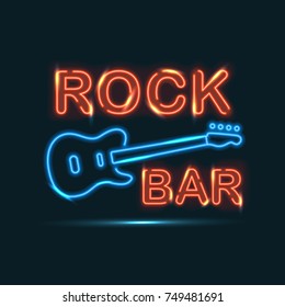 Rock bar red and blue neon sign on dark background.