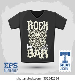 Rock Bar T shirt design template, silkscreen metal style vector lettering
