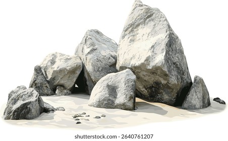 Rock beaches vector composition isolated on transparent background illustrations, coastal landscape, sandy shore, sea waves, nature design, beach environment, tropical scenery