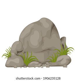 Rock, big stone with grass detailed drawing geologic structure, texture isolated on white background. Construction, design element for game, boulder. 