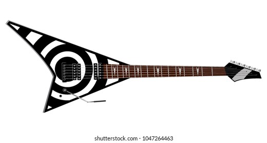 Rock black and white electric guitar with swallow tail sted. Vector musical instrument.