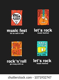 Rock, blues music festival logo set. Colored illustration, naive style