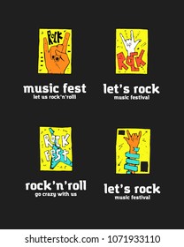Rock, blues music festival logo set. Colored illustration, naive style
