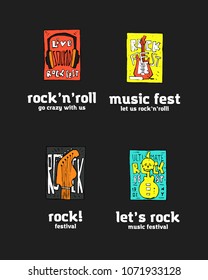 Rock, blues music festival logo set. Colored illustration, naive style