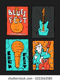 Rock, blues music festival poster. Colored illustration, naive style