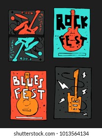 Rock, blues music festival poster. Colored illustration, naive style