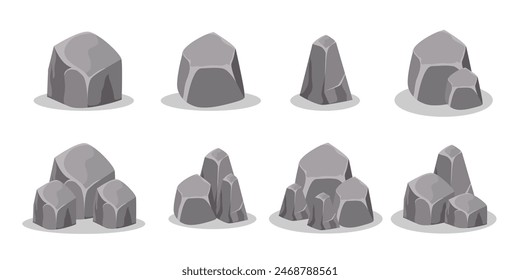 Rock boulder vector illustration. Rough stone cartoon style. Grey boulders set.