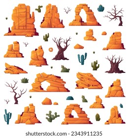 Rock, Cacti and Bare Trees as Desert Landscape Element Vector Set