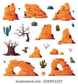 Rock, Cacti and Bare Trees as Desert Landscape Element Vector Set