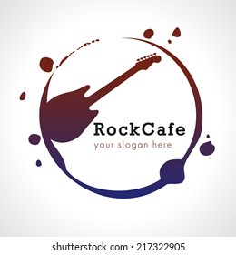 Rock cafe branding logo. Electric grunge guitar - coffee cup in circle. Music vector round sign. Beverage drops splash or brush stroke shape imitations. Art events and tours symbol.