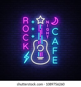 Rock Cafe Logo Neon Vector. Rock Cafe Neon Sign, Concept with guitar, Bright Night Advertising, Light Banner, Live Music, Karaoke, Night Club, Neon Signboard, Design Element. Vector illustration