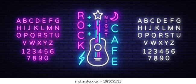 Rock Cafe Logo Neon Vector. Rock Cafe Neon Sign, Concept with guitar, Night Advertising, Light Banner, Live Music, Karaoke, Night Club, Neon Signboard, Design Element. Vector. Editing text neon sign