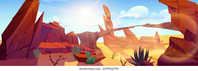 Rock y cañón en el paisaje de caricaturas de juegos del desierto. Ilustración del fondo del terreno rocoso de los Estados Unidos. Sequía vacía Formación del valle de Arizona, arco de arenisca marrón, cactus, escena panorámica de algas tumbadas